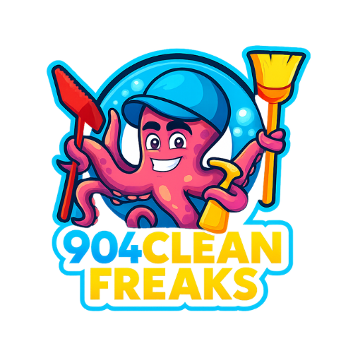 Cartoon octopus mascot with cleaning tools for 904 Clean Freaks